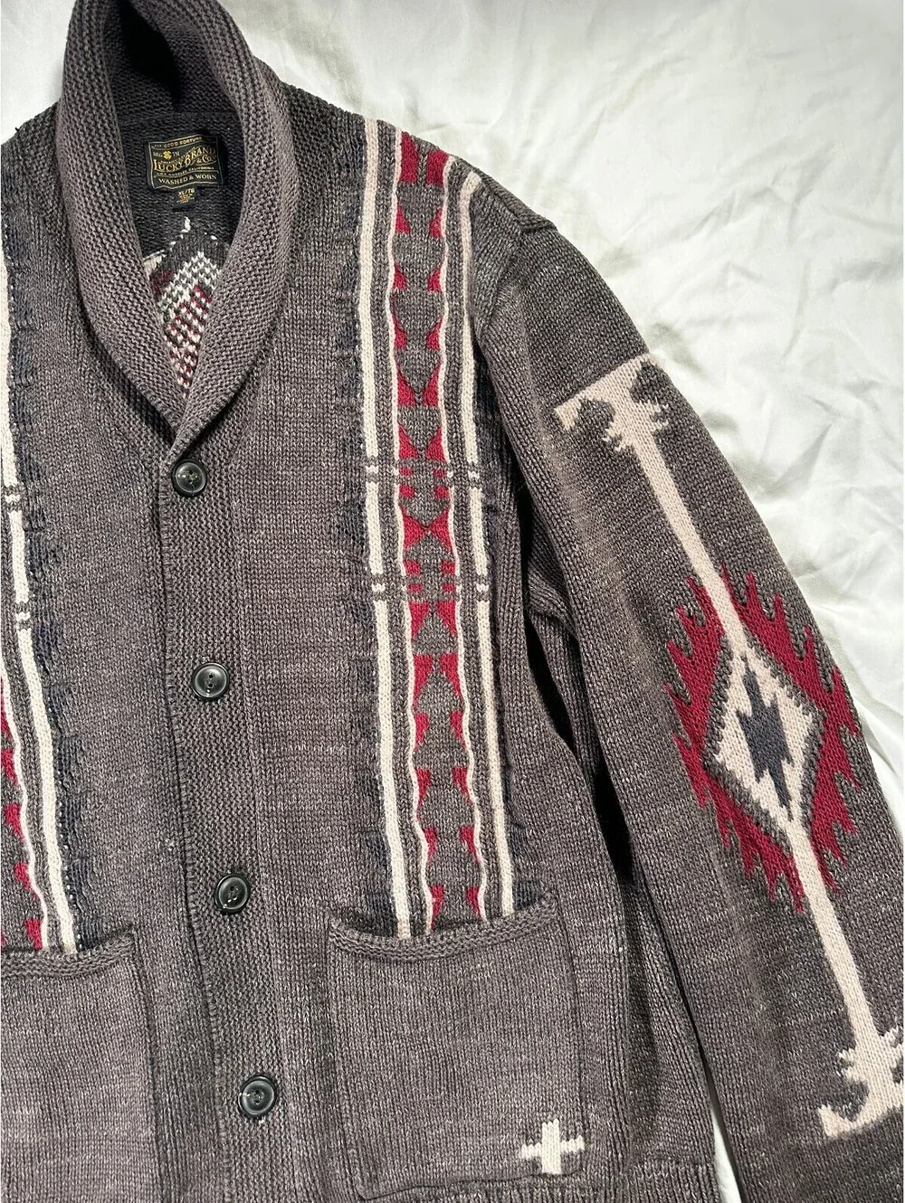 Lucky Brand Men's XL Shawl Collar Cardigan Sweater with Southwestern Pattern